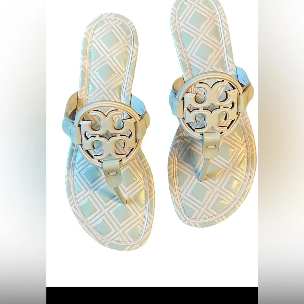 NEW TORY BURCH METAL MILLER SANDAL LEATHER/NEW IVORY MEADOW MIST SIZE 9 Shoes